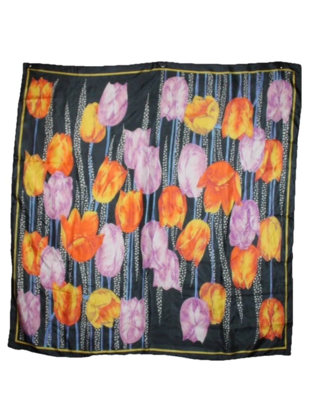 Vintage 100% Silk Scarf Tulip Vibrant Floral Square Black Orange Pink Handrolled